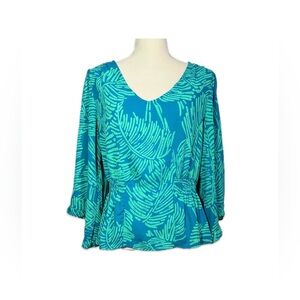 AUW Teal Mint Leaf Print Peplum Blouse Womens L Boho Cottagecore Long Sleeve